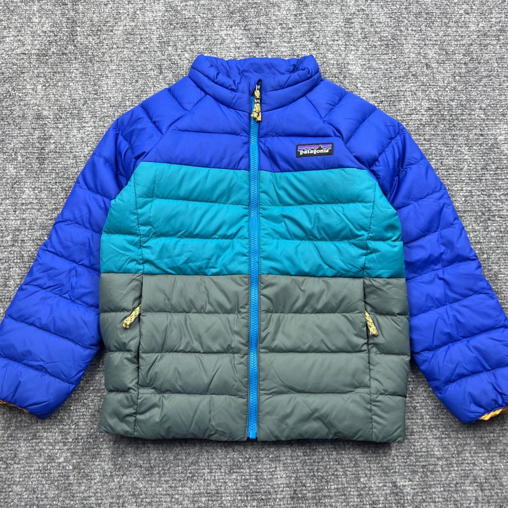 Patagonia Down Sweater Jacket Kids 5T Blue Grey Colorblock Zip Puffer Coat 60521